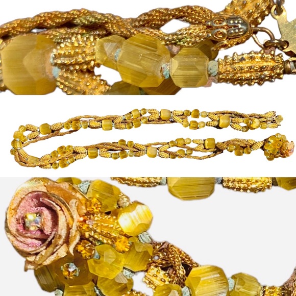 VINTAGE HATTIE CARNEGIE GLASS BEADED THREE STRAND TORSADE NECKLACE 20 3/4” - Picture 9 of 16